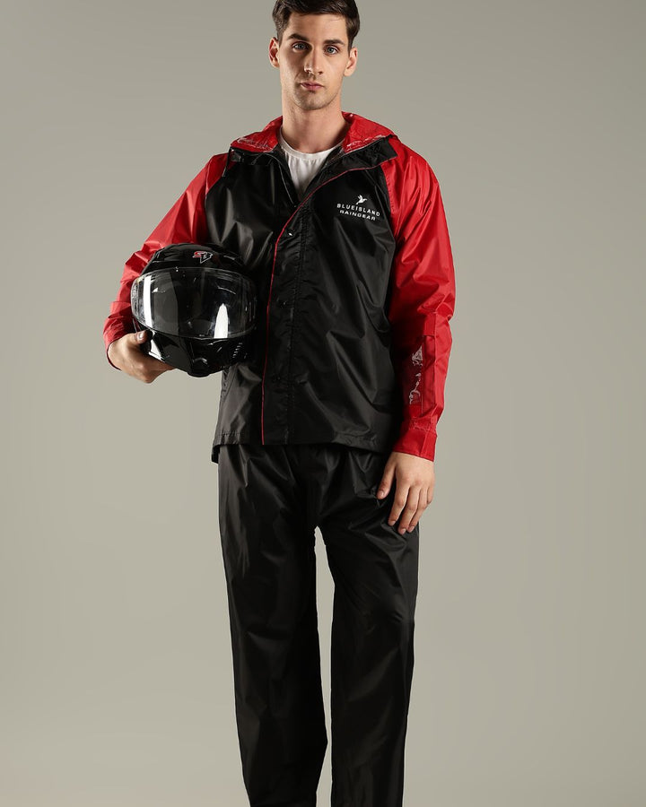 Black with Wine Red - Rain Jacket with Pant and Mobile Pouch