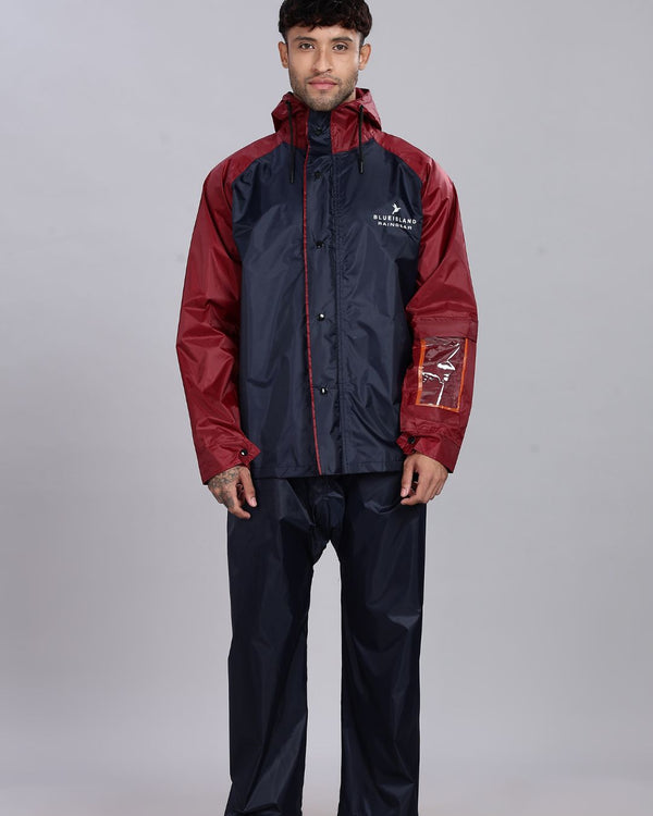 Navy Blue with Maroon - Rain Jacket with Pant and Mobile Pouch