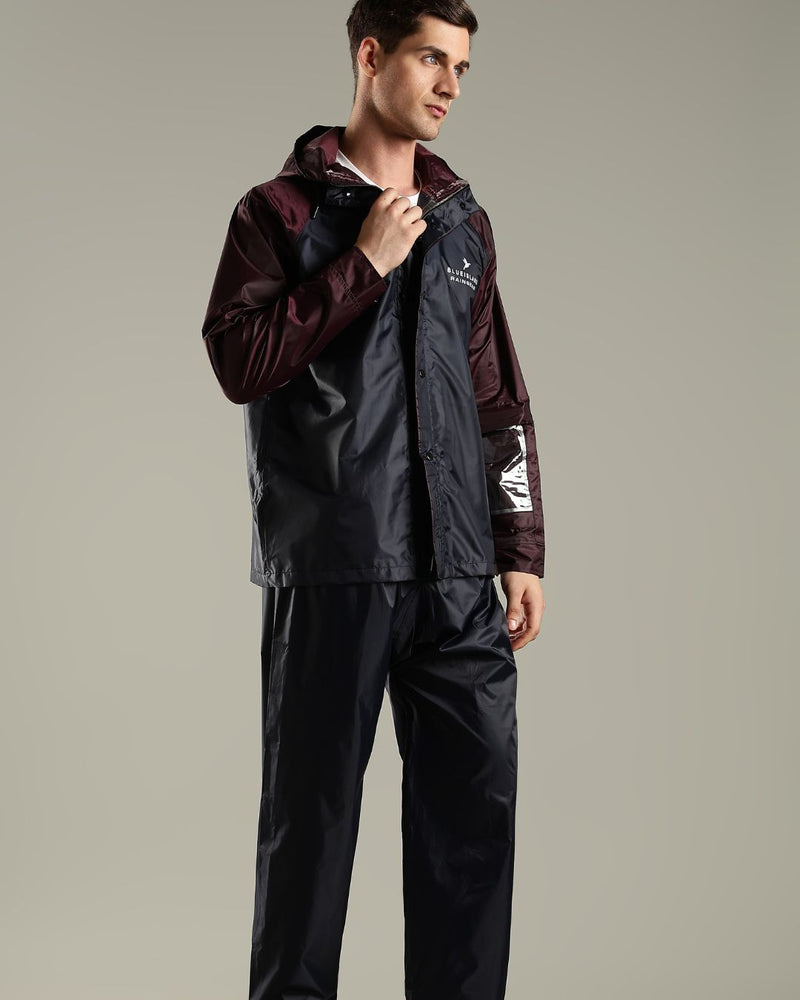 Navy with Burgundy - Rain Jacket with Mobile Pouch