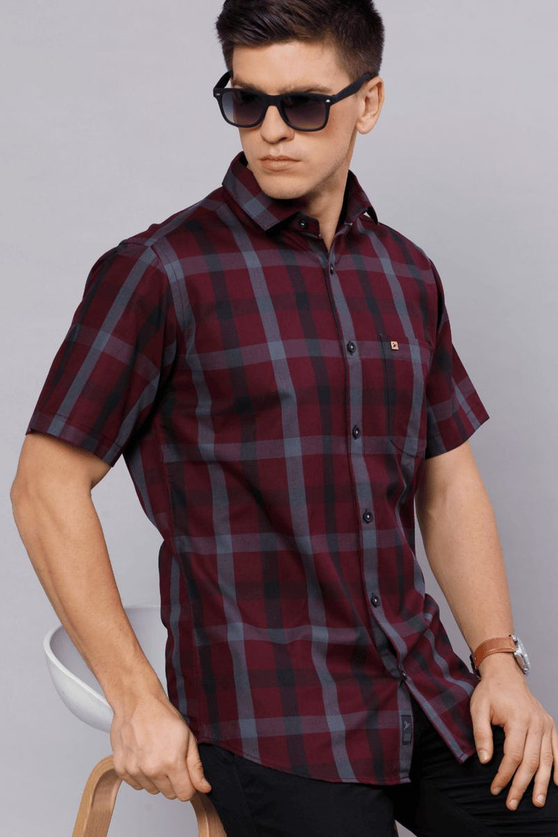 Burgundy Red Checks - Half Sleeve - Stain Proof