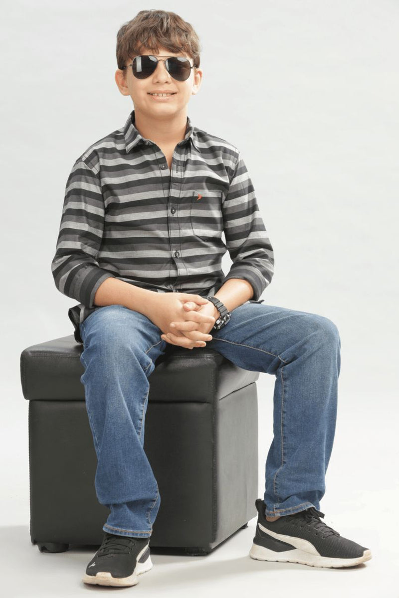 KIDS - Black & Grey Horizontal Stripes -Stain Proof Shirt