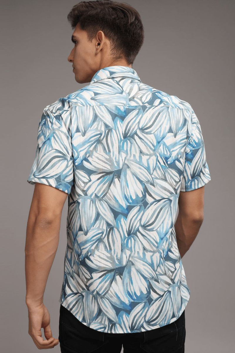 White & Blue Leaf Printed Shirt - Half - Wrinkle Free