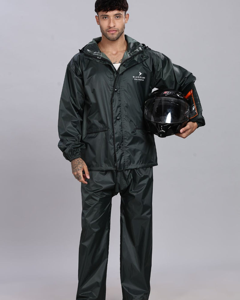 Military Green - Rain Jacket with Pant and Mobile Pouch