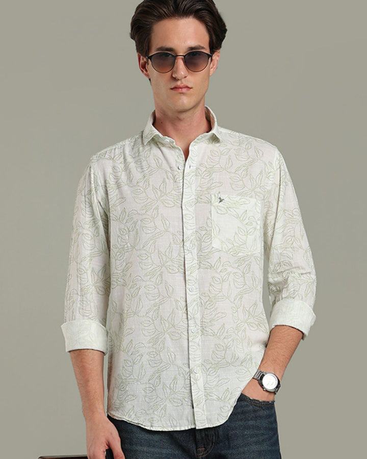 White & Green Leaf Print - Full-Stain Proof