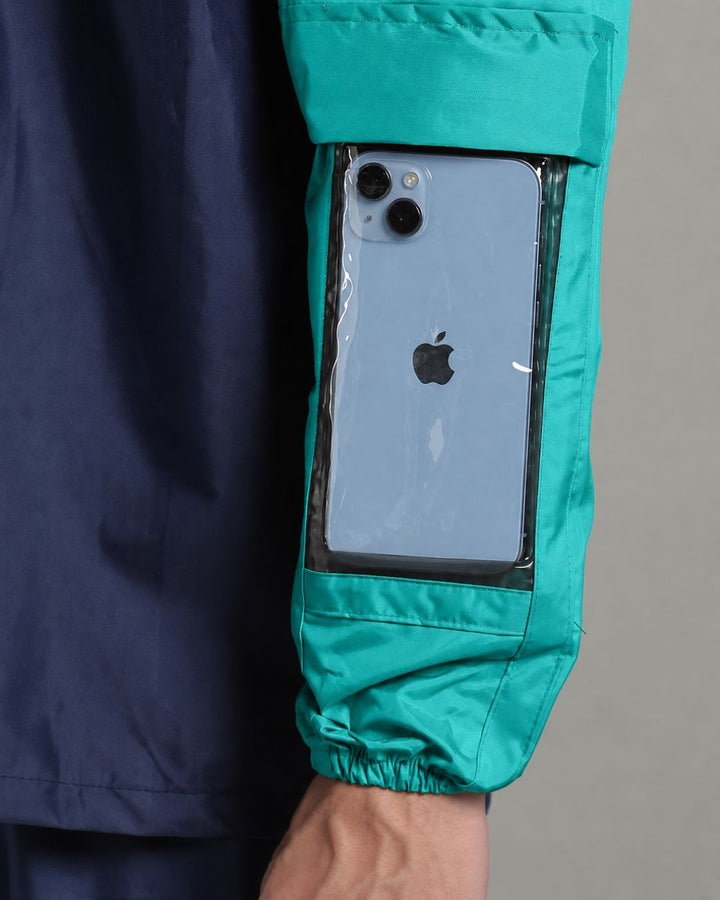 Navy with Teal Sleeve - Rain Jacket with Pant & Mobile Pouch