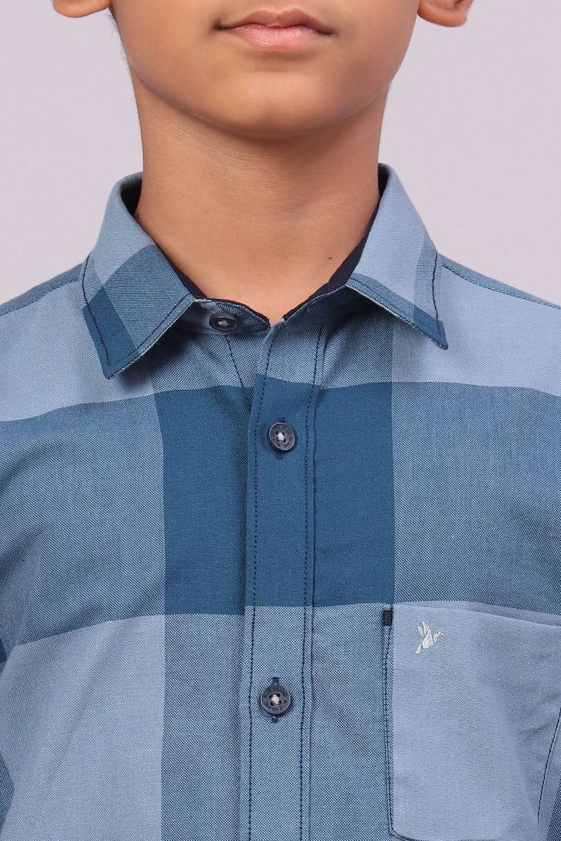KIDS - Teal Blue Box Checks-Full-Stain Proof Shirt