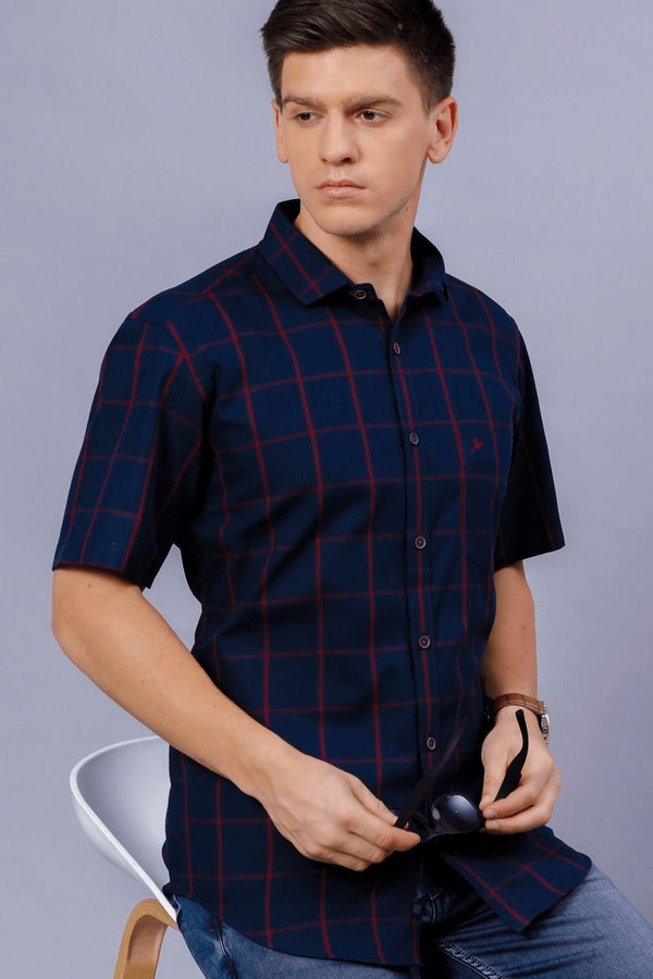 Red on Navy Checks - Half Sleeve - Stain Proof