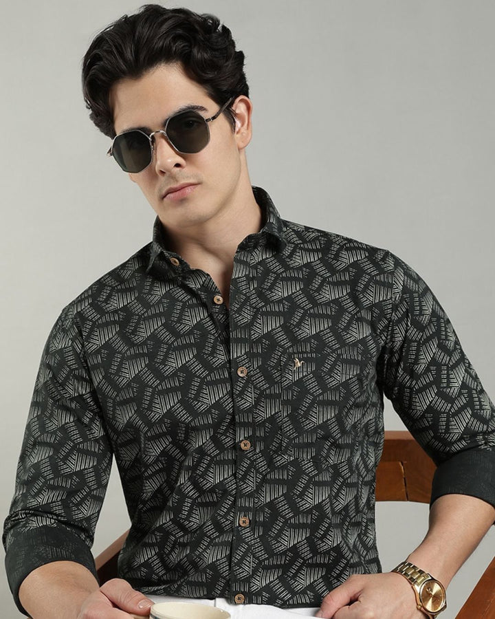 Dark Green Geometric Print-Full-Cotton Linen Shirt