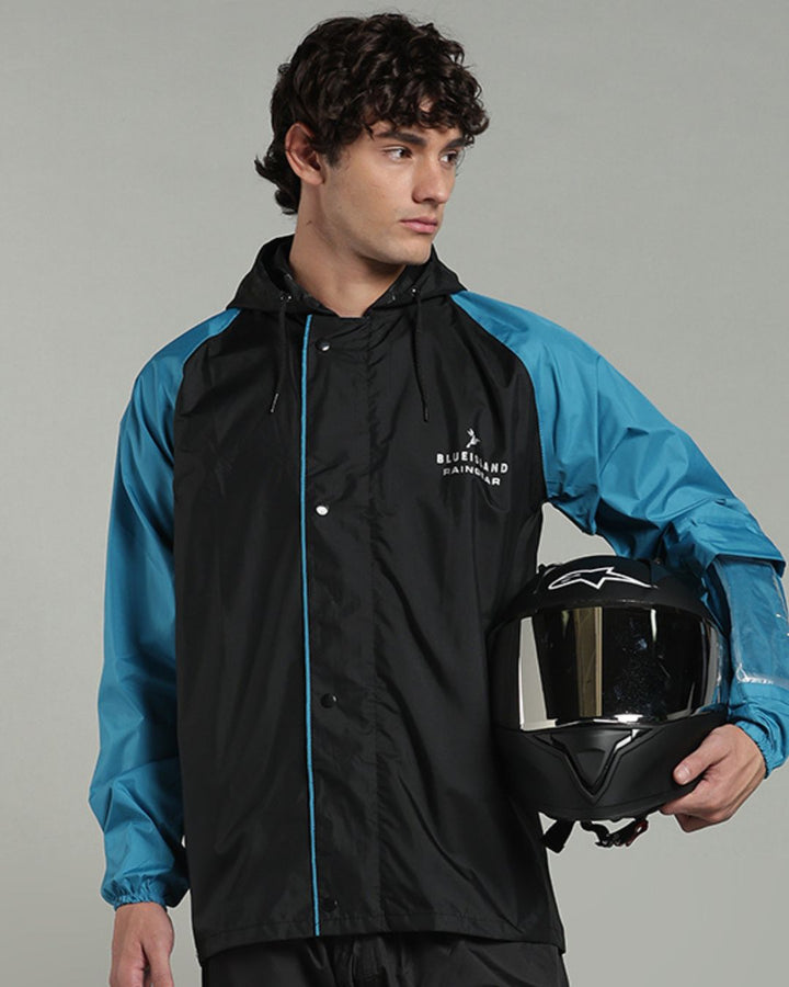Black with Blue Sleeve - Rain Jacket with Pant & Mobile Pouch