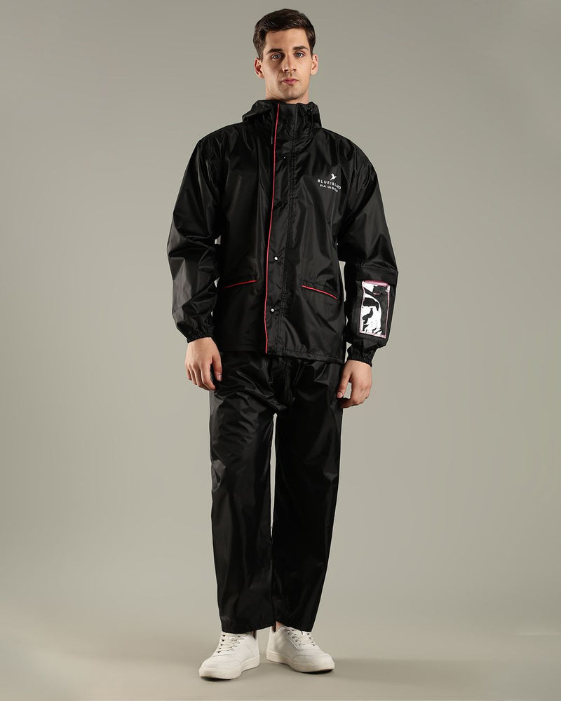 Black with Red Border - Rain Jacket with Mobile Pouch
