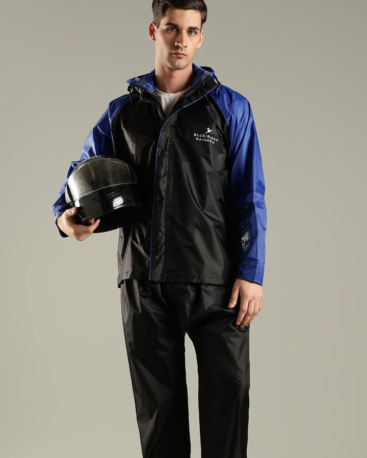 Black with Royal Blue - Rain Jacket with Pant and Mobile Pouch