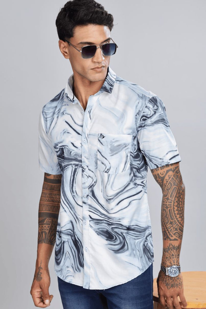 White & Denim Swirl Print - Half Sleeve - Stain Proof