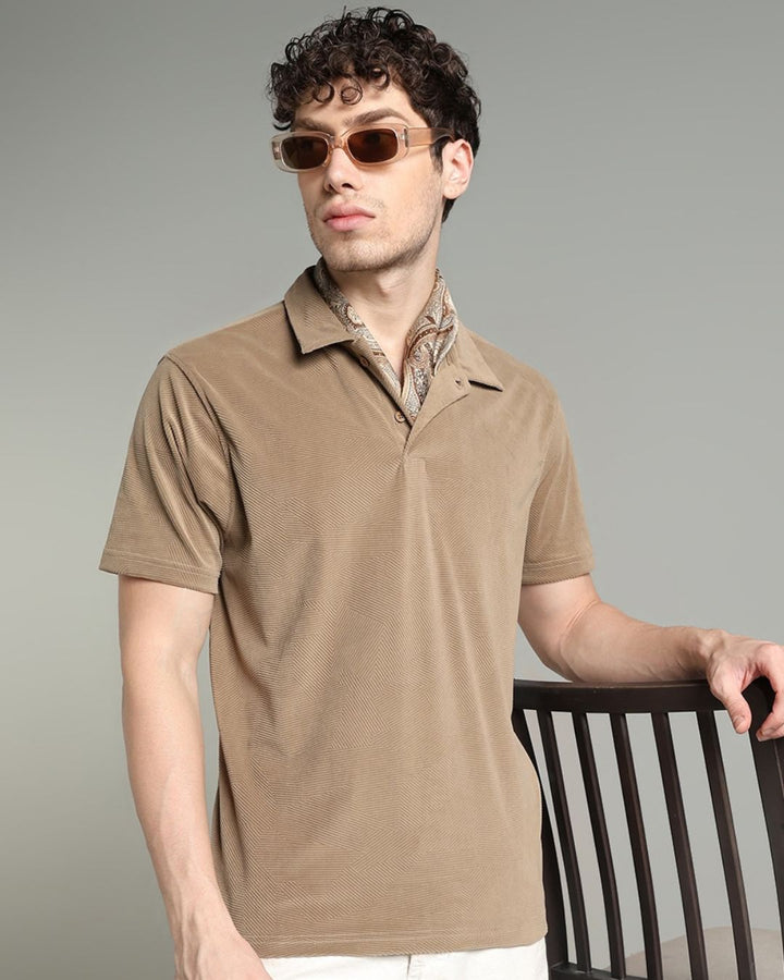 Tan Brown Geometric Textured - Polo Tshirt