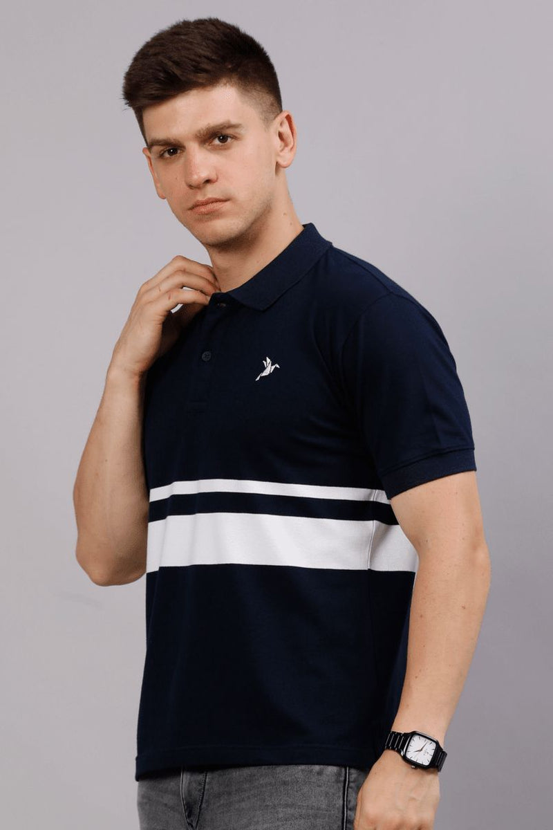 Navy with White Double Stripes TShirt - Stain Proof