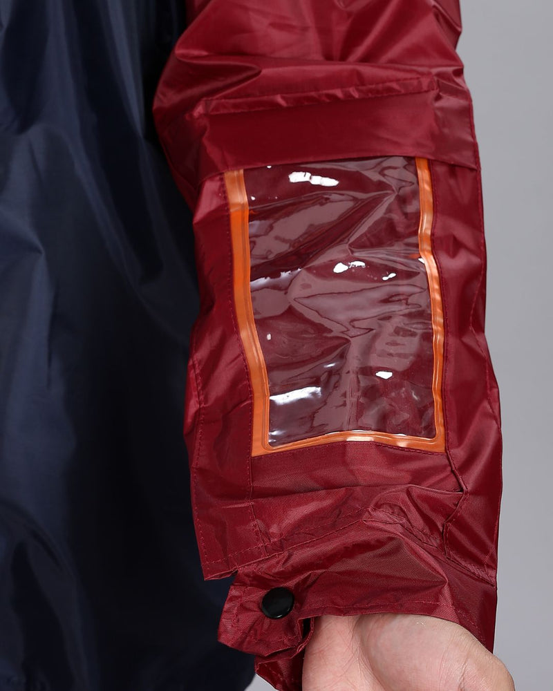 Navy Blue with Maroon - Rain Jacket with Pant and Mobile Pouch