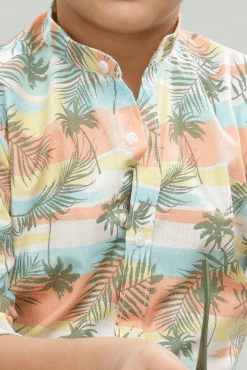 KIDS - Tropical Sunset Print-Chinese Collar-Stain Proof Shirt