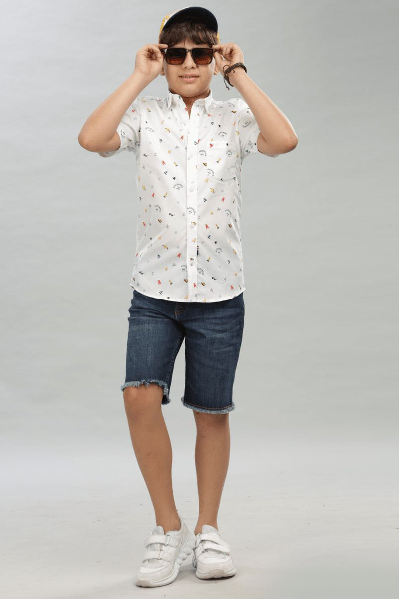 KIDS - White Sailor Print - Half-Stain Proof Shirt