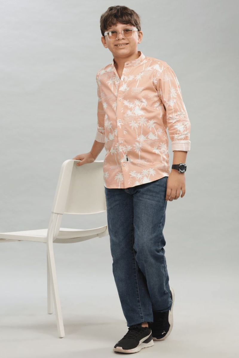 KIDS - Peachy Palm Print-Chinese Collar-Stain Proof Shirt