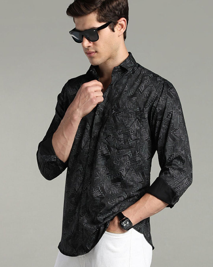 Black Tribal Print-Full-Cotton Linen Shirt