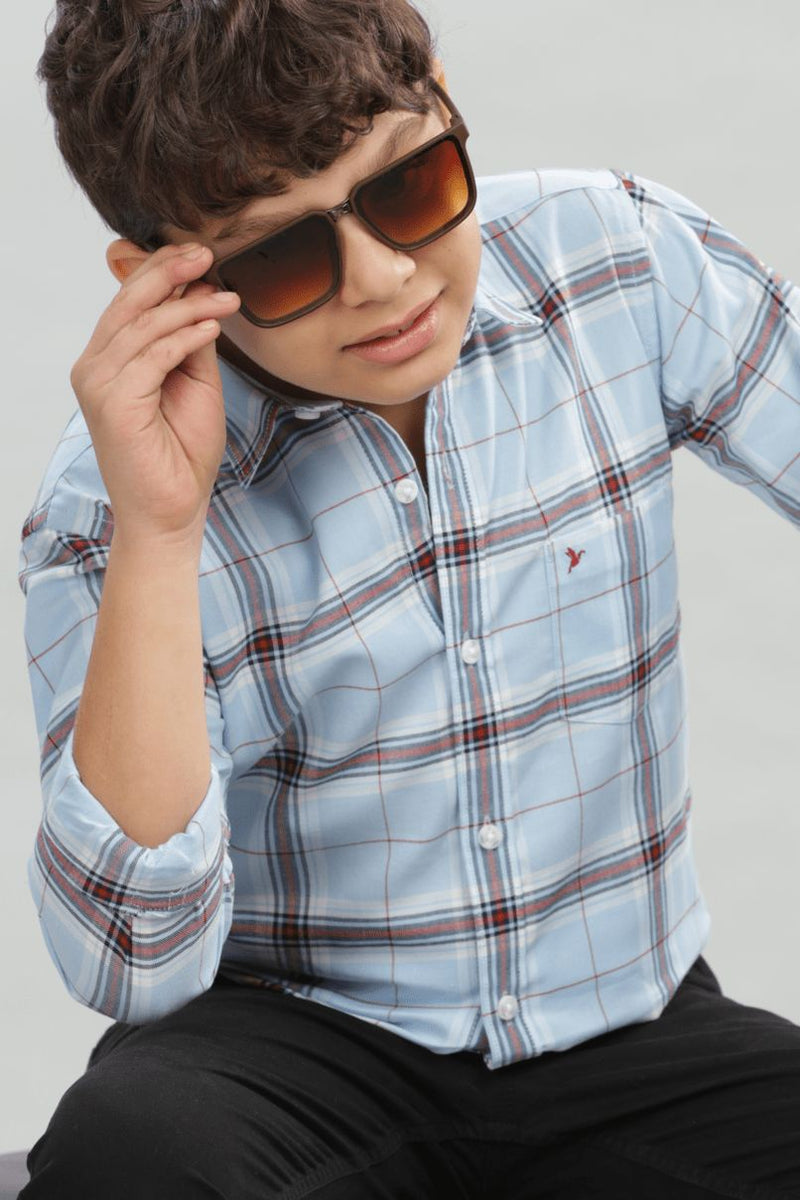 KIDS - Ice Blue & Red Checks-Stain Proof Shirt