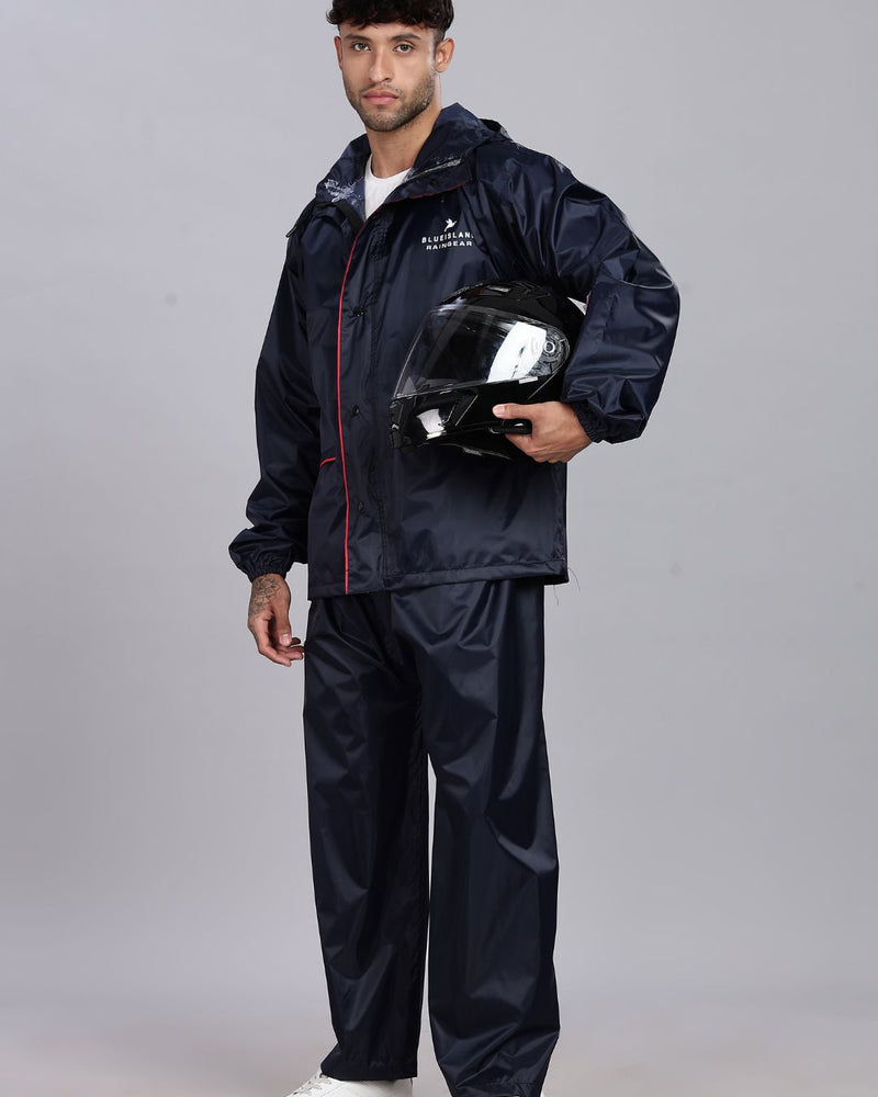 Navy with Red Border - Rain Jacket with Pant and Mobile Pouch