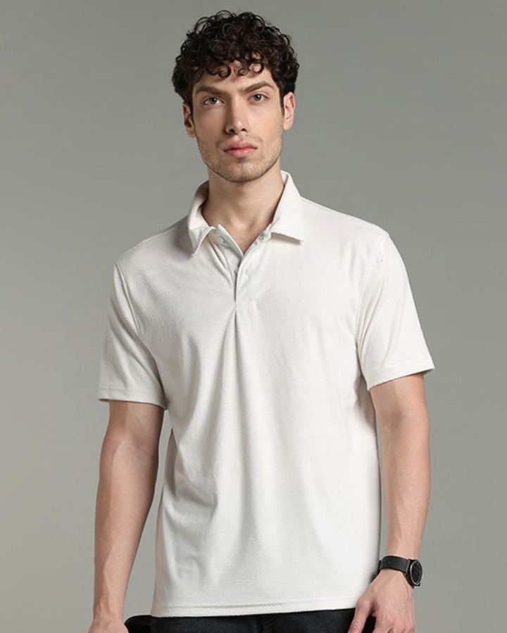 Soft White Geometric Textured - Polo Tshirt