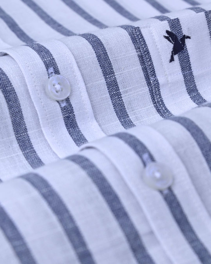 White & Denim Line Stripes -Full-Bamboo Linen
