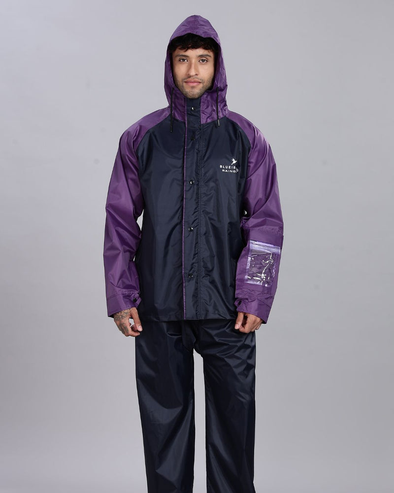 Navy Blue with Violet - Rain Jacket with Pant and Mobile Pouch