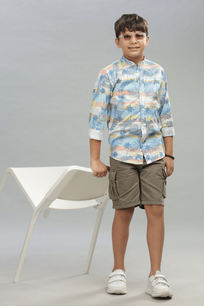 KIDS - Oceanic Blue Print-Chinese Collar-Stain Proof Shirt