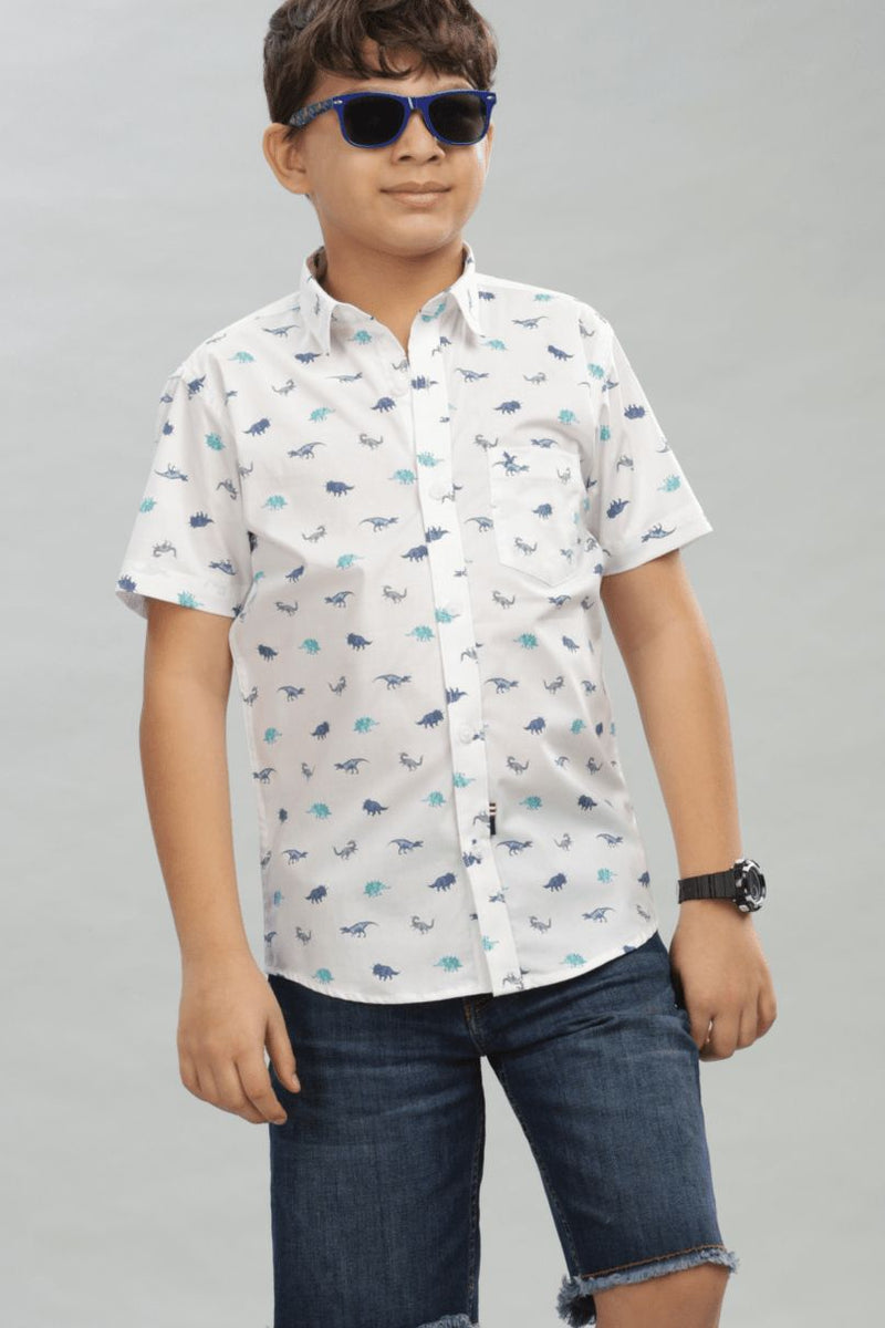 KIDS - White Dino Print - Half-Stain Proof Shirt