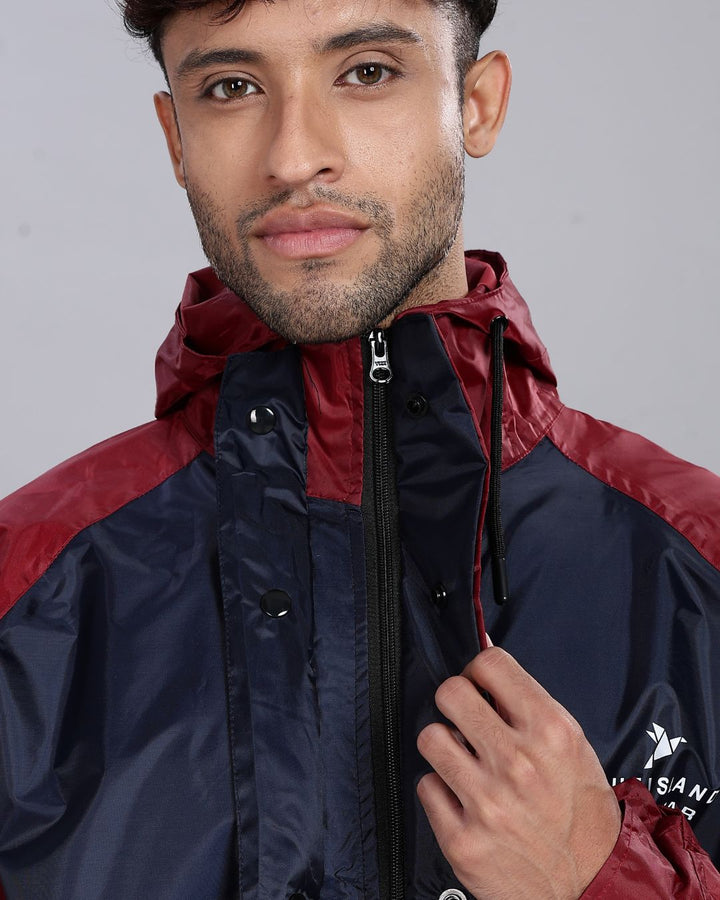 Navy Blue with Maroon - Rain Jacket with Pant and Mobile Pouch