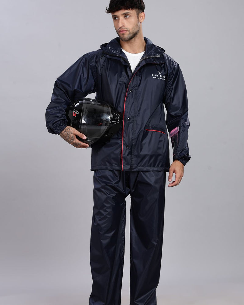 Navy with Red Border - Rain Jacket with Pant and Mobile Pouch