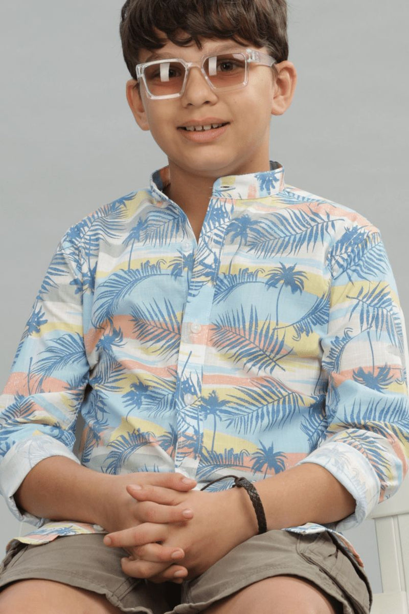 KIDS - Oceanic Blue Print-Chinese Collar-Stain Proof Shirt