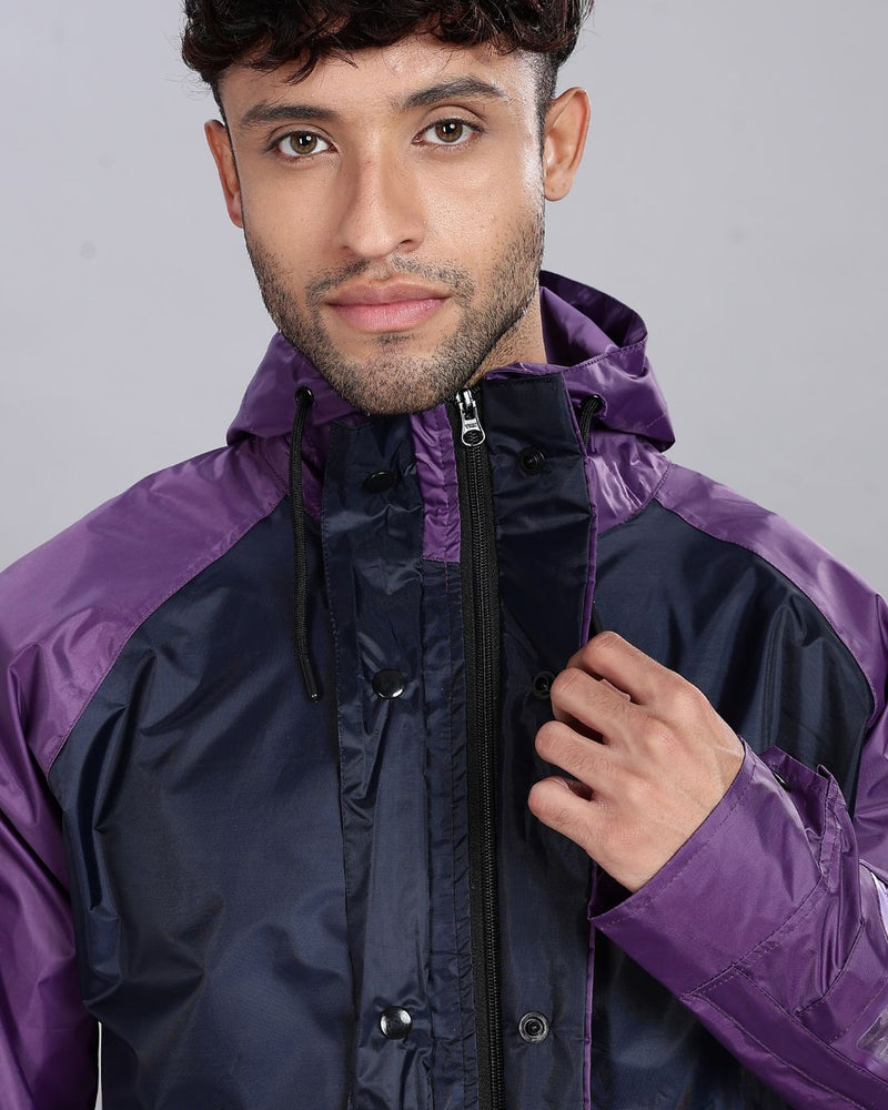 Navy Blue with Violet - Rain Jacket with Pant and Mobile Pouch