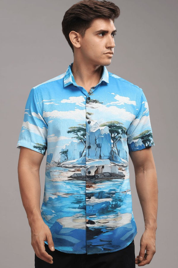 Beach Blue Printed Shirt - Half - Wrinkle Free