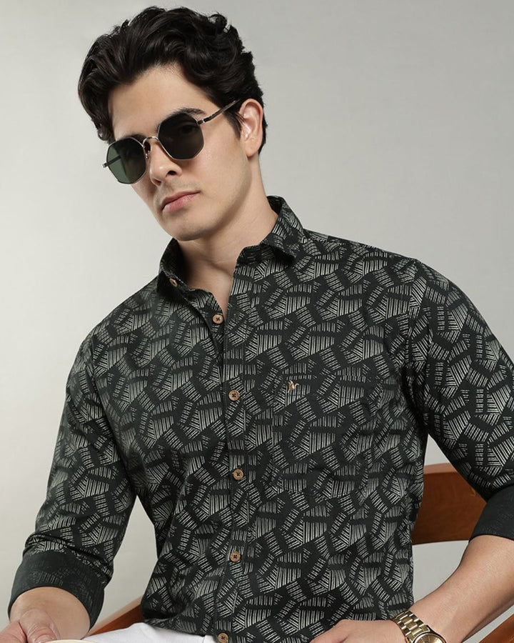 Dark Green Geometric Print-Full-Cotton Linen Shirt