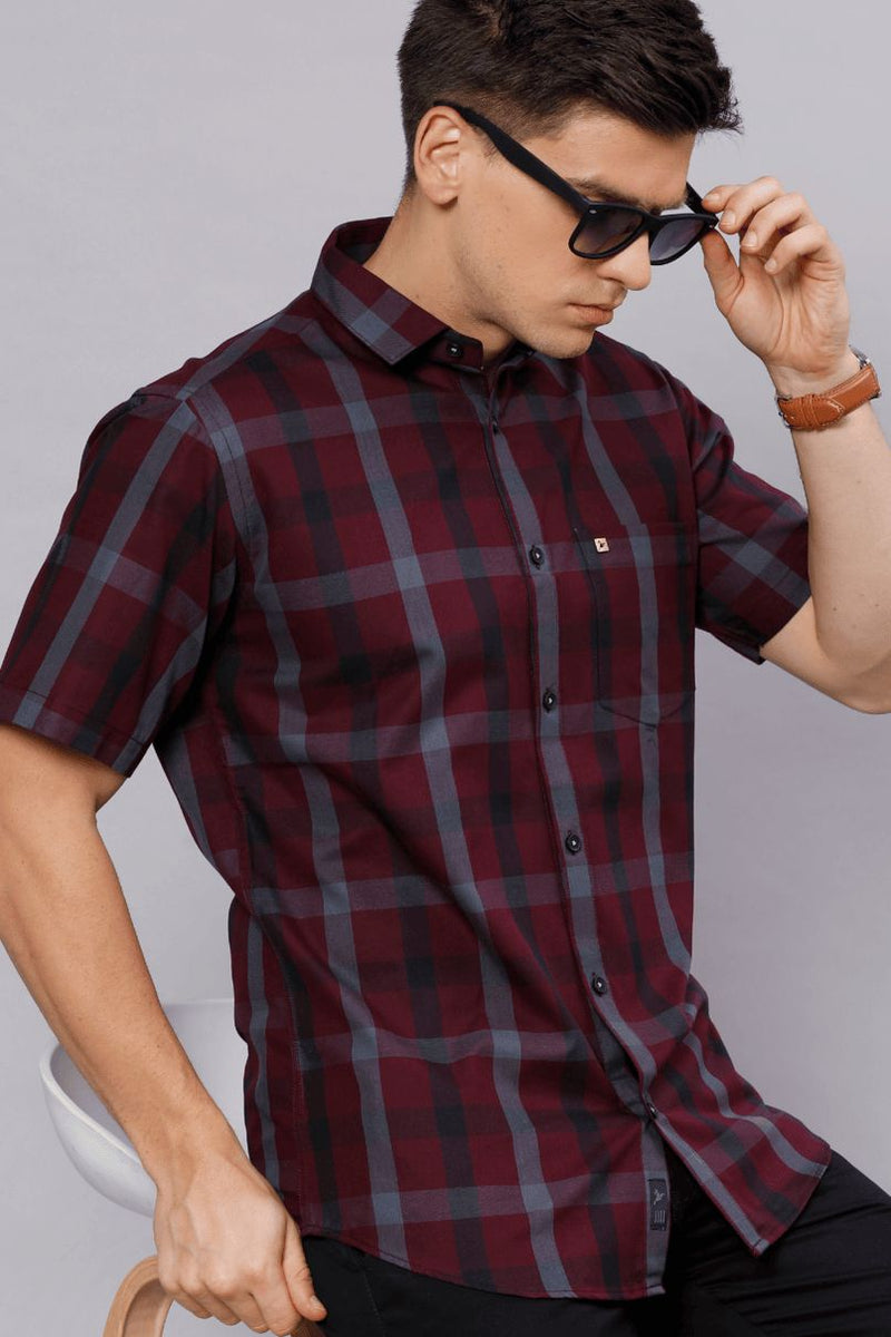 Burgundy Red Checks - Half Sleeve - Stain Proof