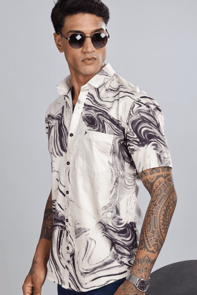 Beige & Violet Swirl Print - Half Sleeve - Stain Proof