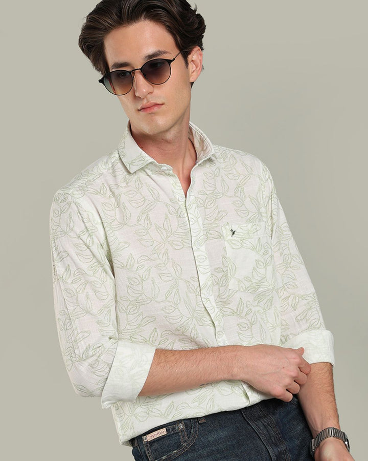 White & Green Leaf Print - Full-Stain Proof