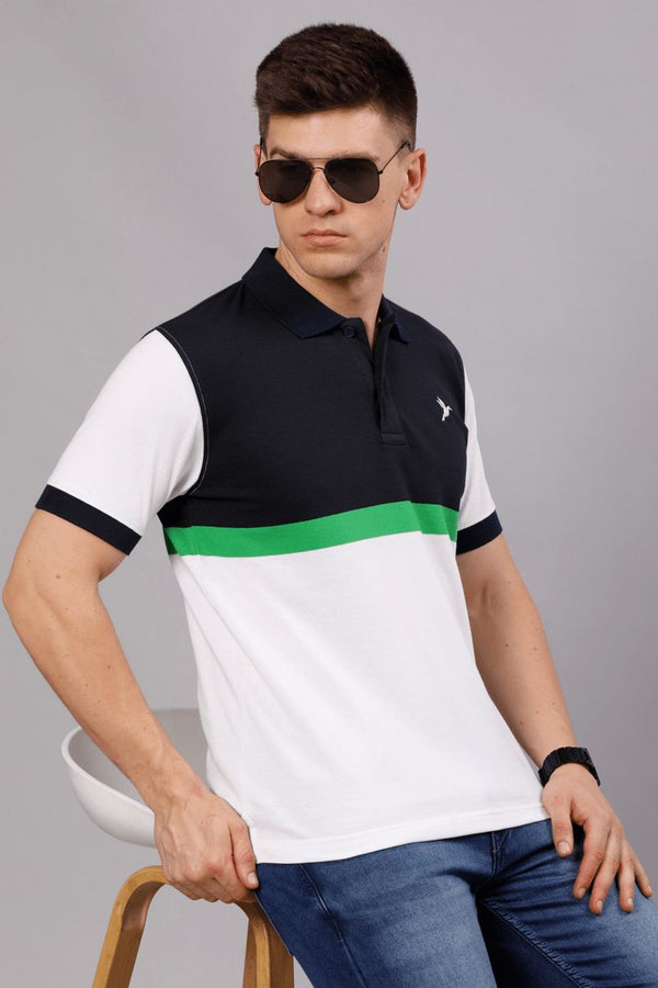 White with Navy & Green Stripes TShirt - Stain Proof