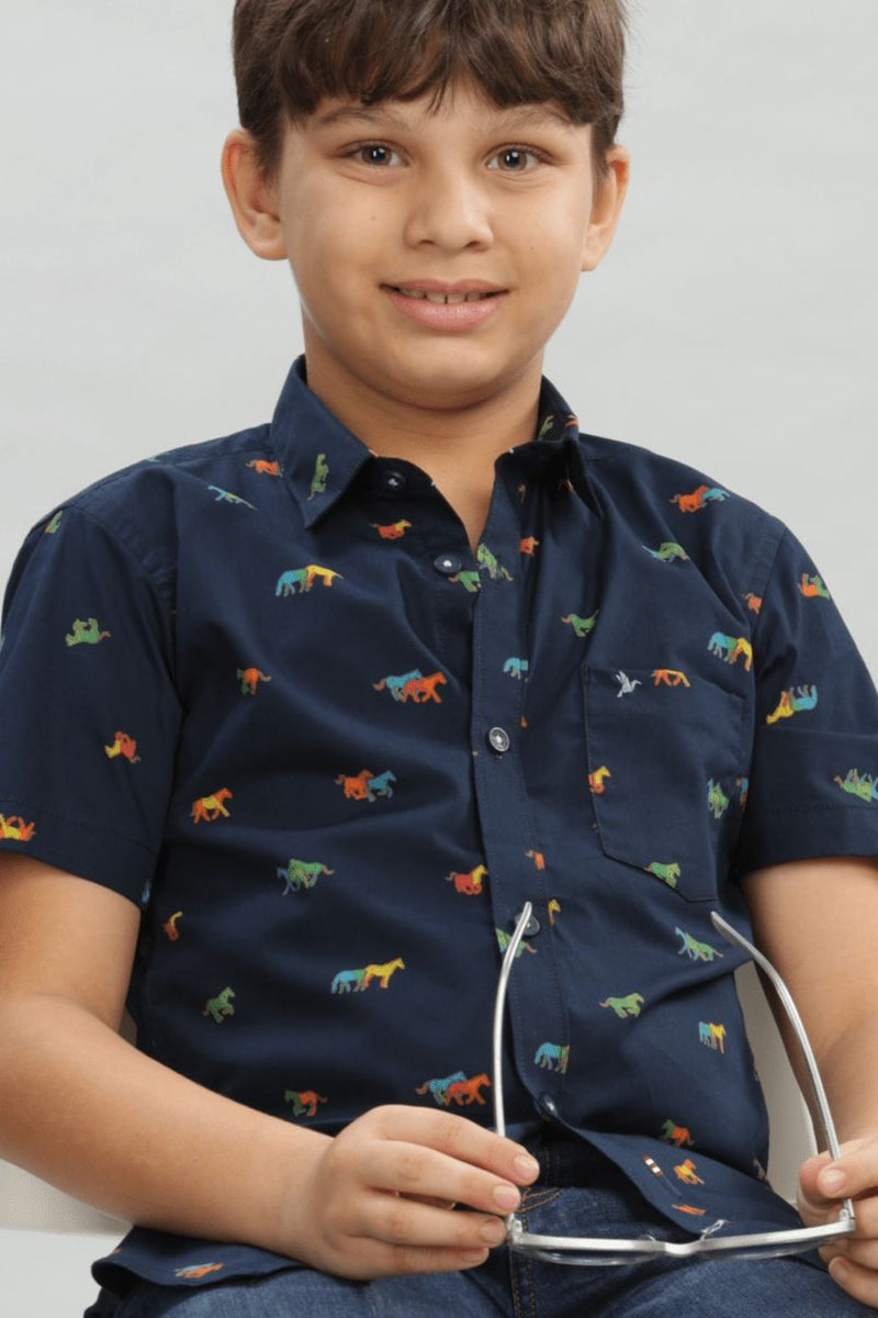 KIDS - Navy Horse Print - Half-Stain Proof Shirt