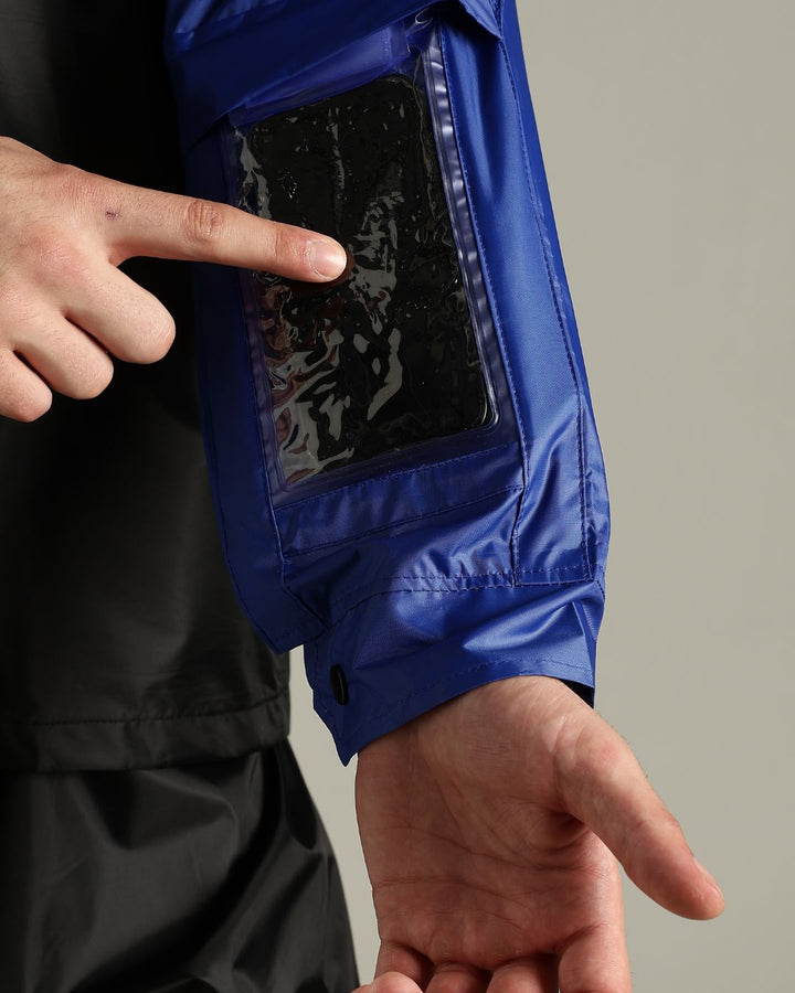 Black with Royal Blue - Rain Jacket with Pant and Mobile Pouch