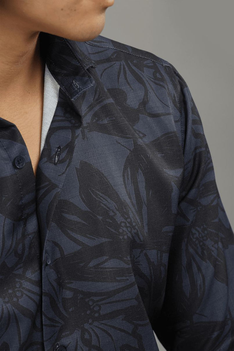 Blue & Black Floral Printed Shirt -Full- Wrinkle Free