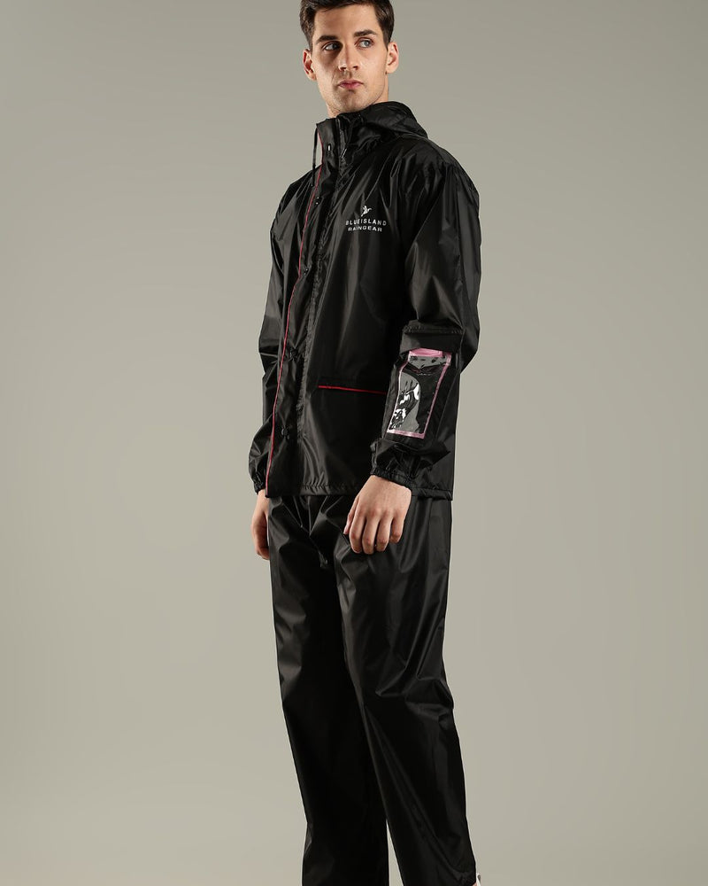 Black with Red Border - Rain Jacket with Mobile Pouch