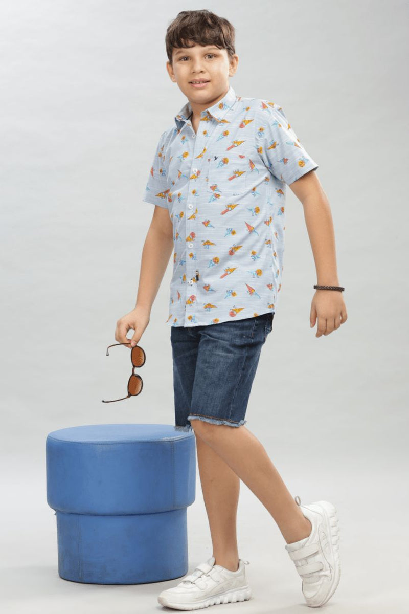 KIDS - Blue Dino Print - Half-Stain Proof Shirt