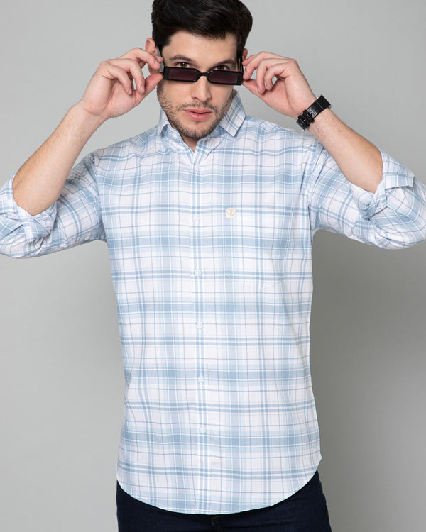 White & Bluish Grey Checks - Full-Stain Proof