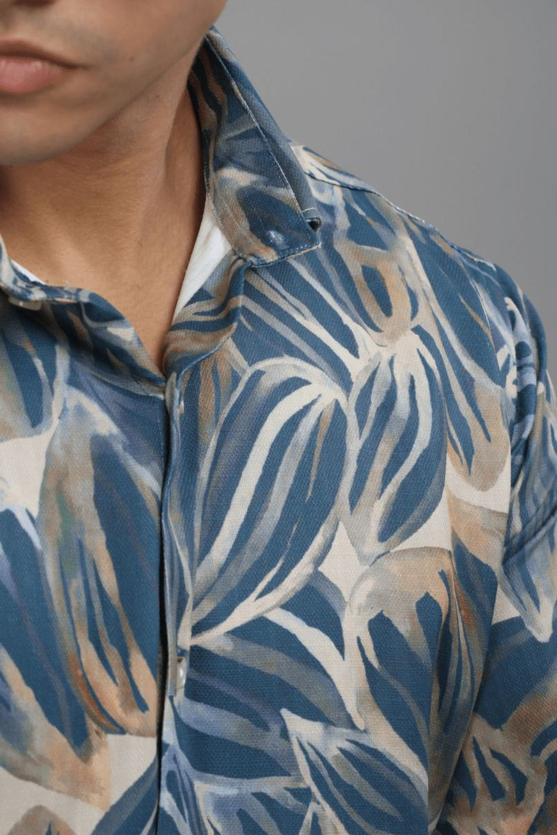 Blue & Golden Leaf Printed Shirt - Full - Wrinkle Free