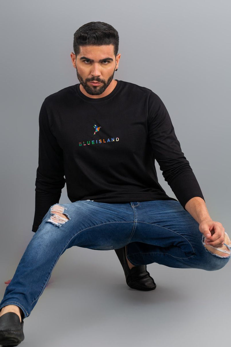 Black with Multi Colour - Full Sleeve TShirt - Stain Proof