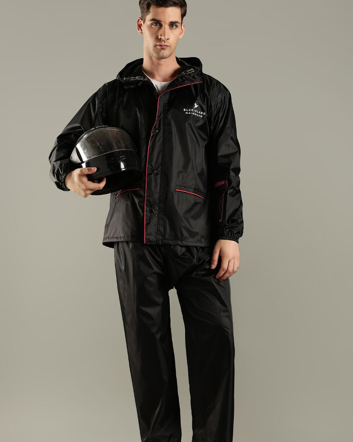 Black with Red Border - Rain Jacket with Pant and Mobile Pouch
