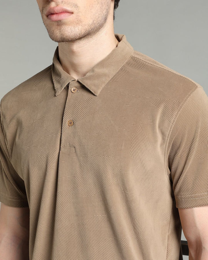 Tan Brown Geometric Textured - Polo Tshirt
